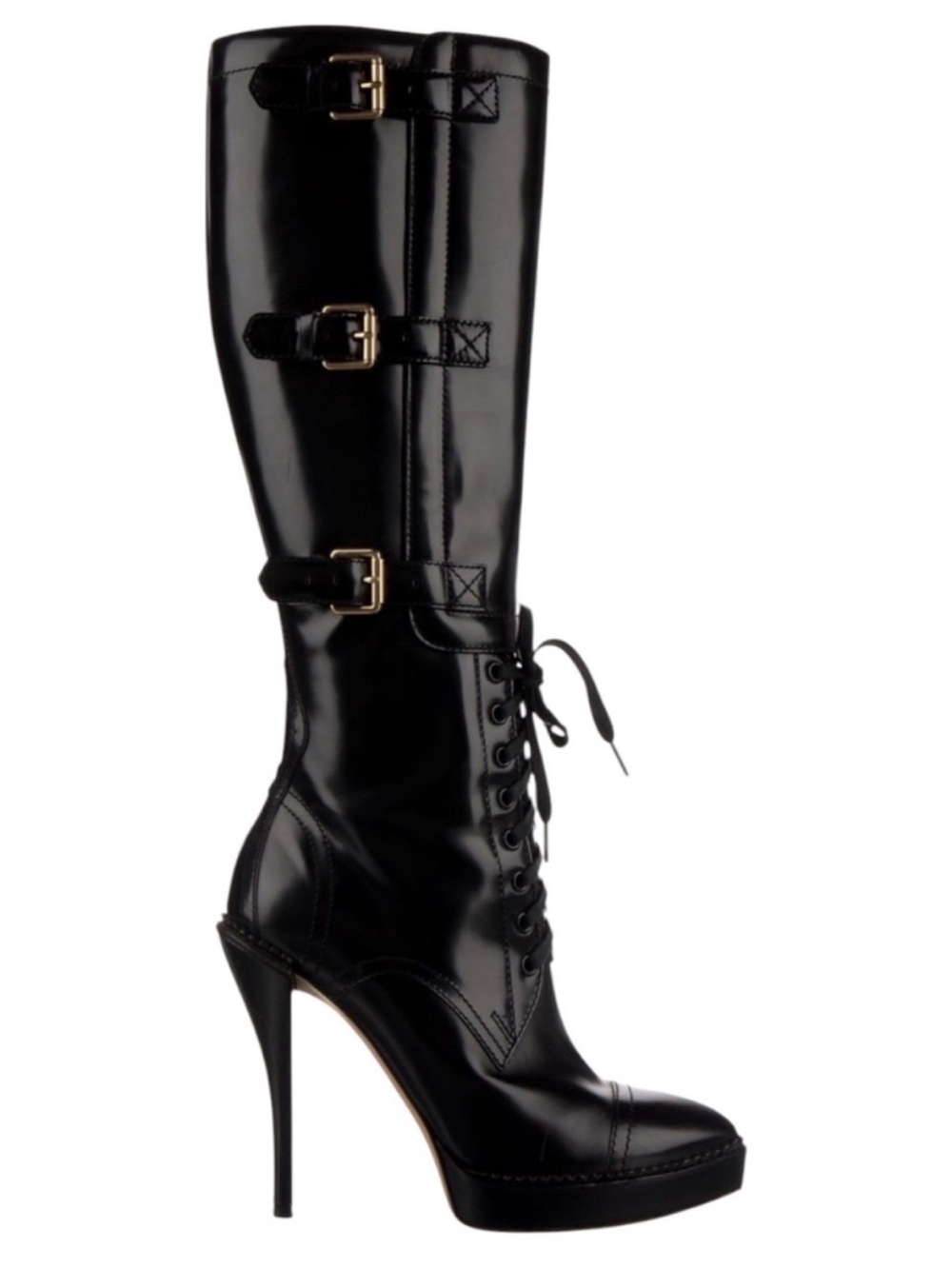 GUCCI Riddle FW2009 Black Patent Leather Platform Lace Up Buckle Moto Boots